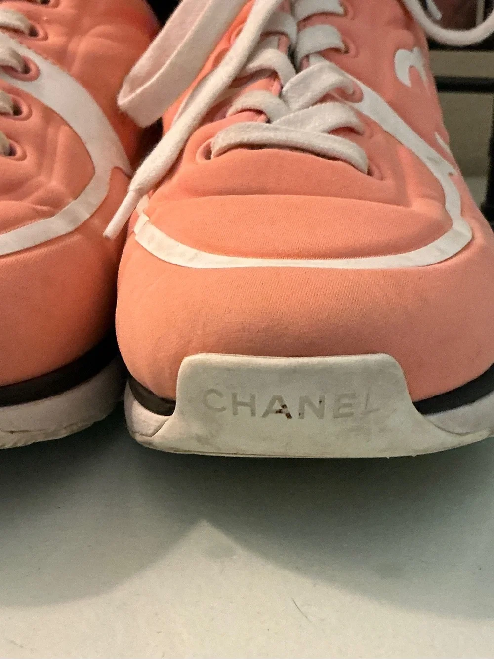 CHANEL Coral/Peach and White CC Logo Lace-Up Sneakers
